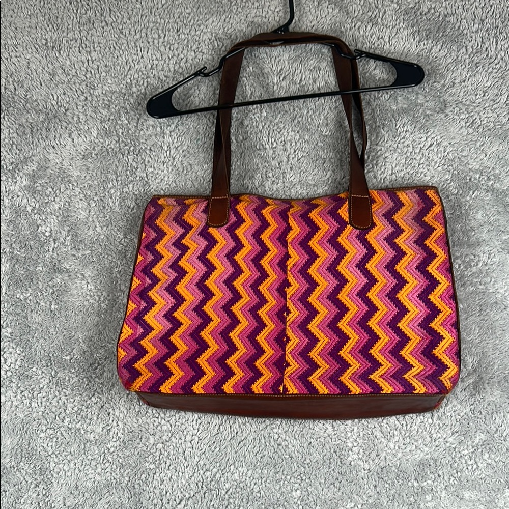 Arloom Multicolor Zip Textile Leather Cotton Zigzag Pattern Large Tote Bag